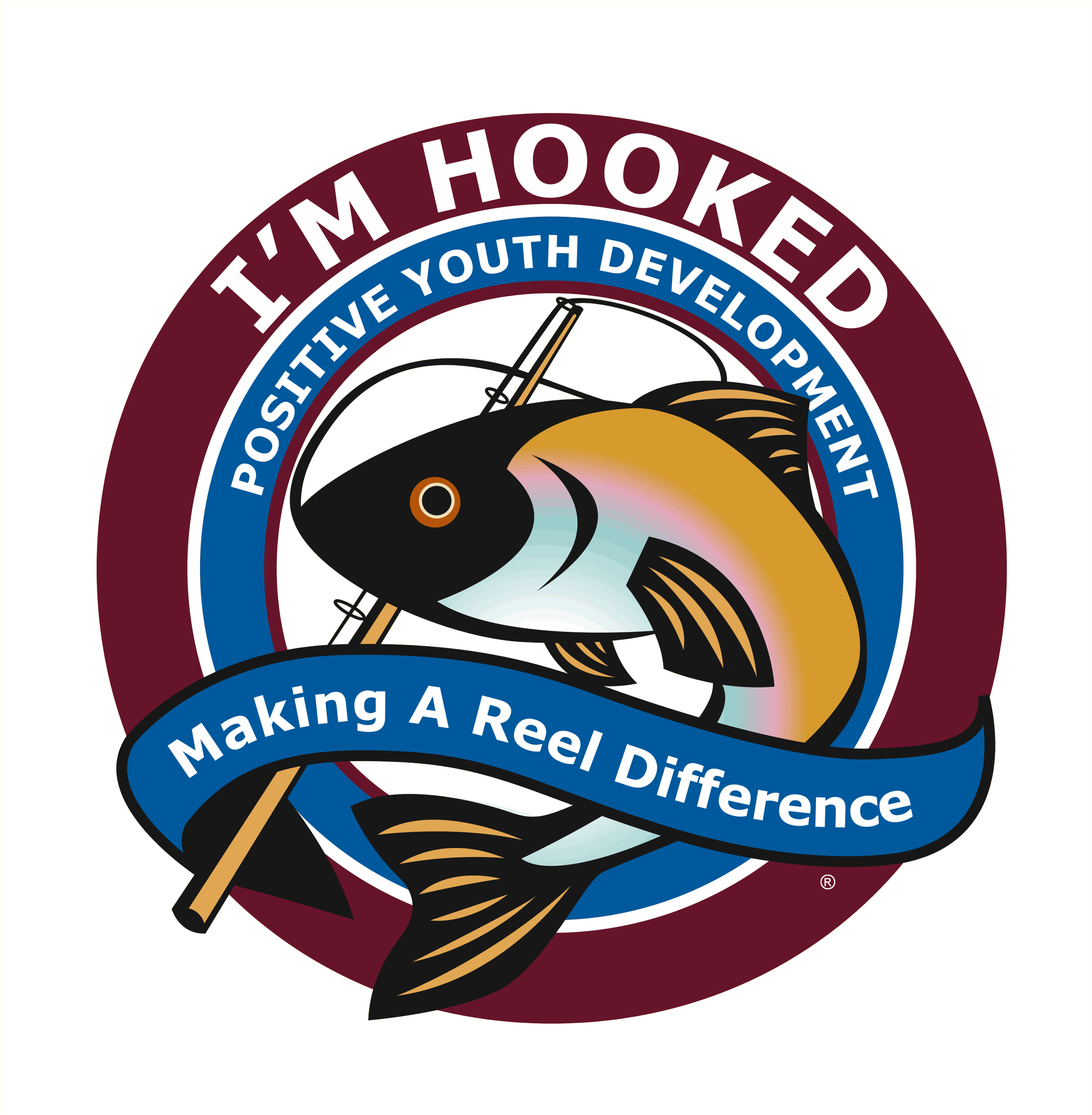 Logo with a fish holding a fishing rod, slogan 'Making A Reel Difference,' and text 'Postitive Youth Development' and "I'm Hooked".