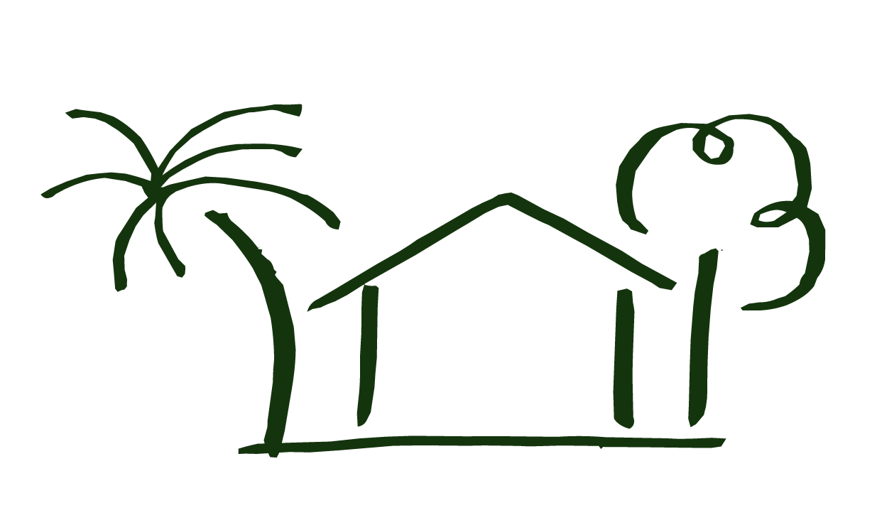 Simple line drawing of a house with a gabled roof, a palm tree on the left, and a rounded tree on the right.