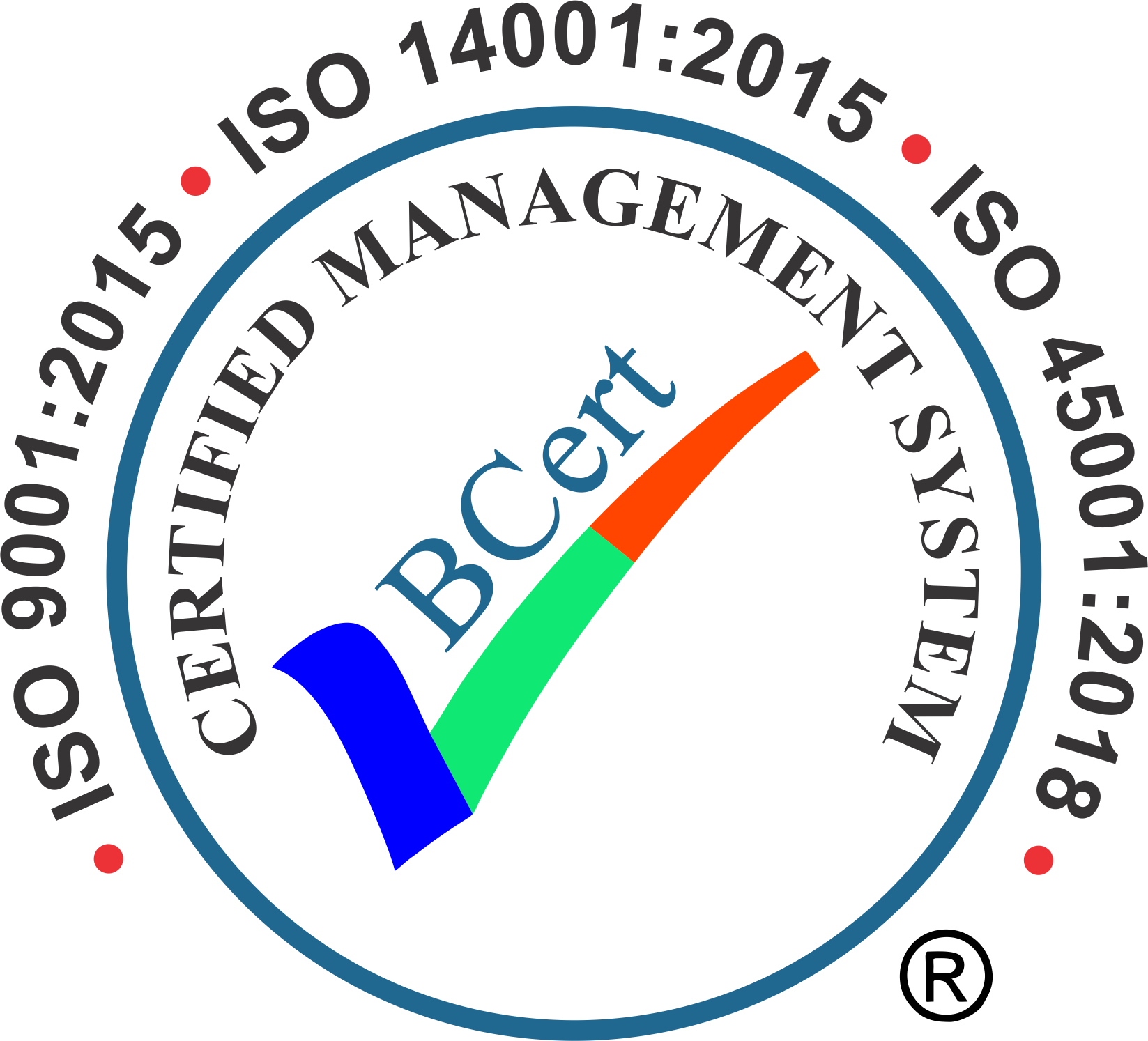 Certification badge with a circular design, displaying a green and blue check mark, the words 'Cert' in the center, and text around the circle indicating adherence to ISO 14001:2015 standards for environmental management systems.