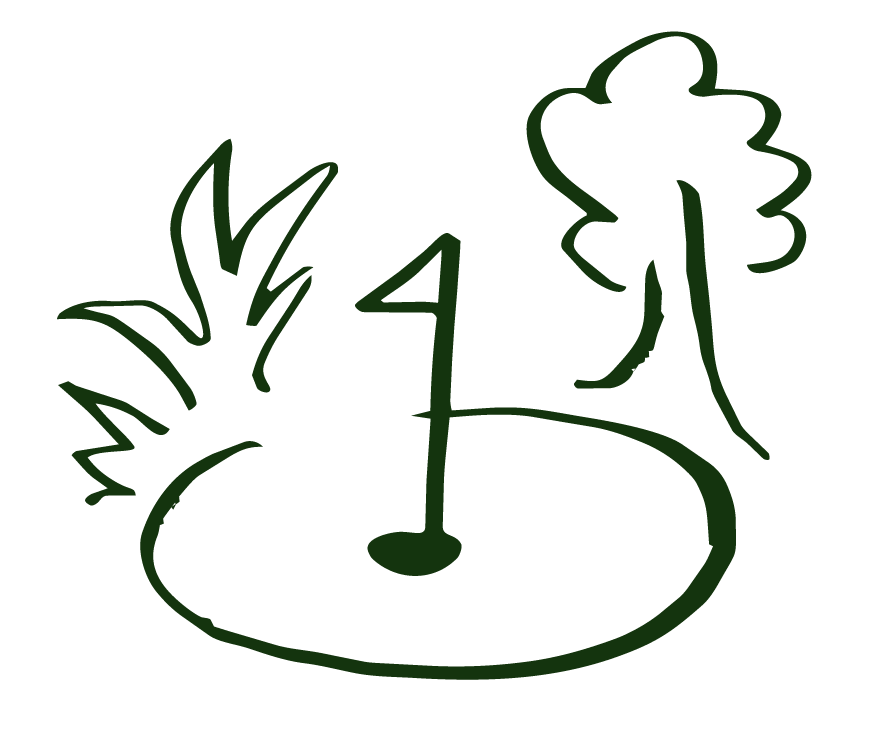 A simple drawing of a dartboard with a dart in the bullseye, surrounded by two trees and some plants.