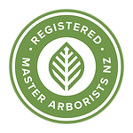 Green circular logo with white text and a stylized leaf in the center, reading 'REGISTERED MASTER ARBORIST NZ'.