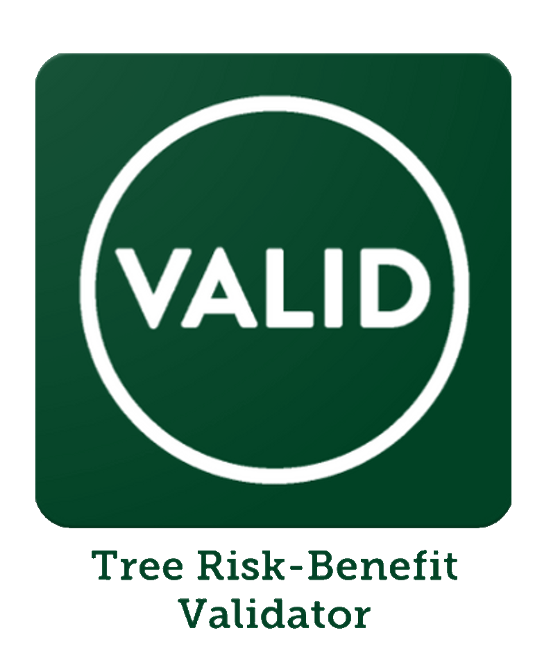 A green square sign with a white circle and the word "VALID" inside, and text below that reads "Tree Risk-Benefit Validator."