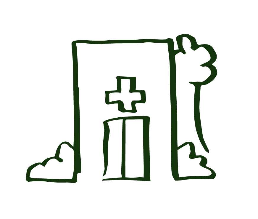 Hand-drawn illustration of a hospital building with a prominent cross symbol.