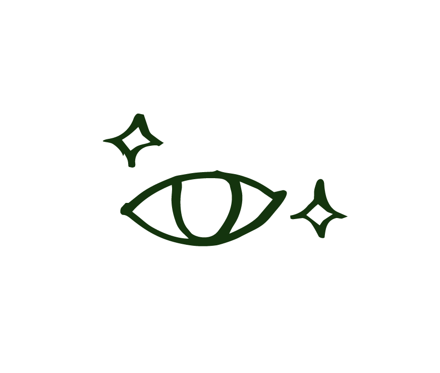 Stylized eye with sparkles in dark green outline