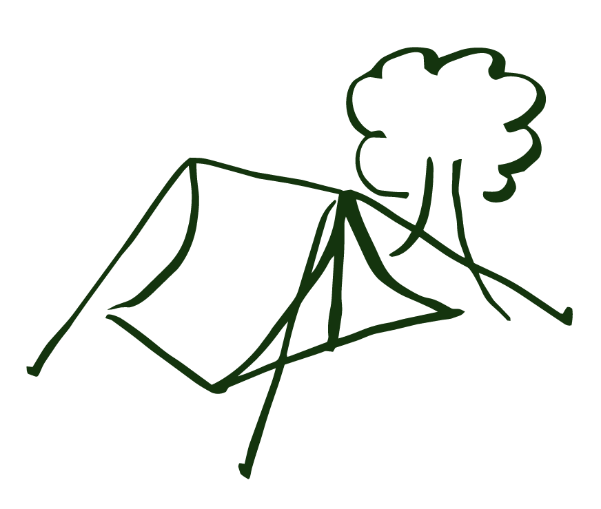 A simple line drawing of a camping tent and a tree on a mountainside.