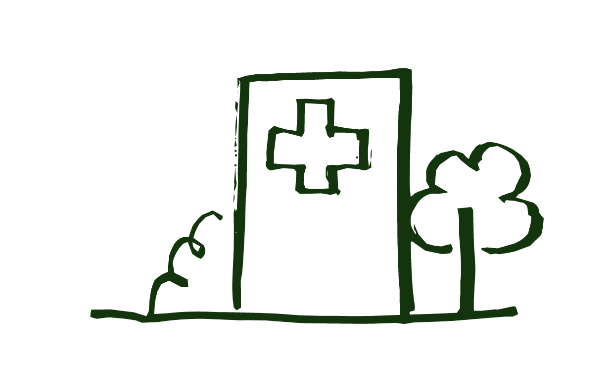 A green outline drawing of a building with a cross symbol on it, representing a hospital, alongside trees and plants.