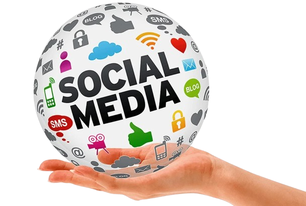 Hand holding a spherical graphic with social media icons and the text 'Social Media' in the center.
