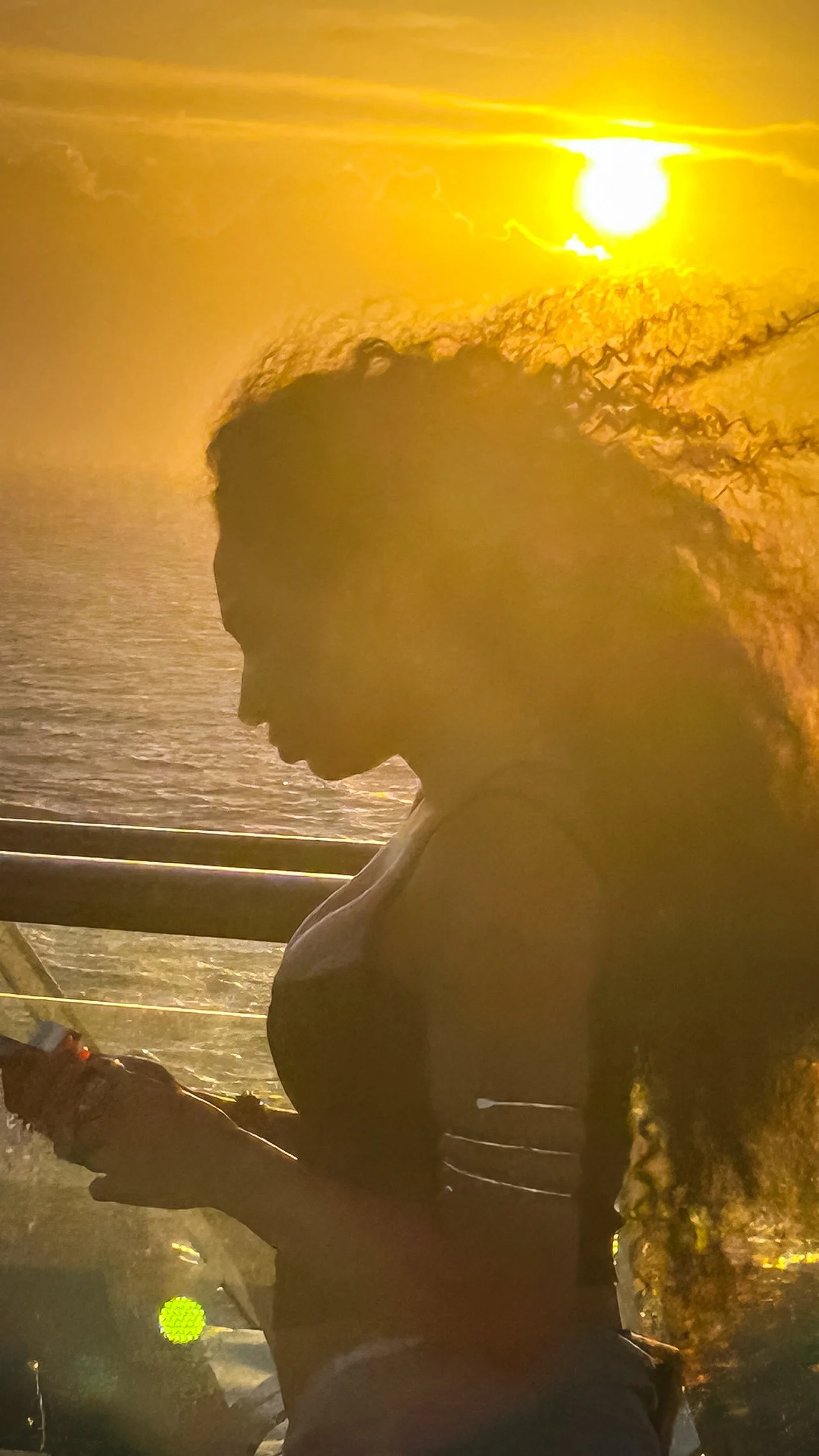 Silhouette of a woman with curly hair looking at her phone, with a sunset over the ocean in the background.