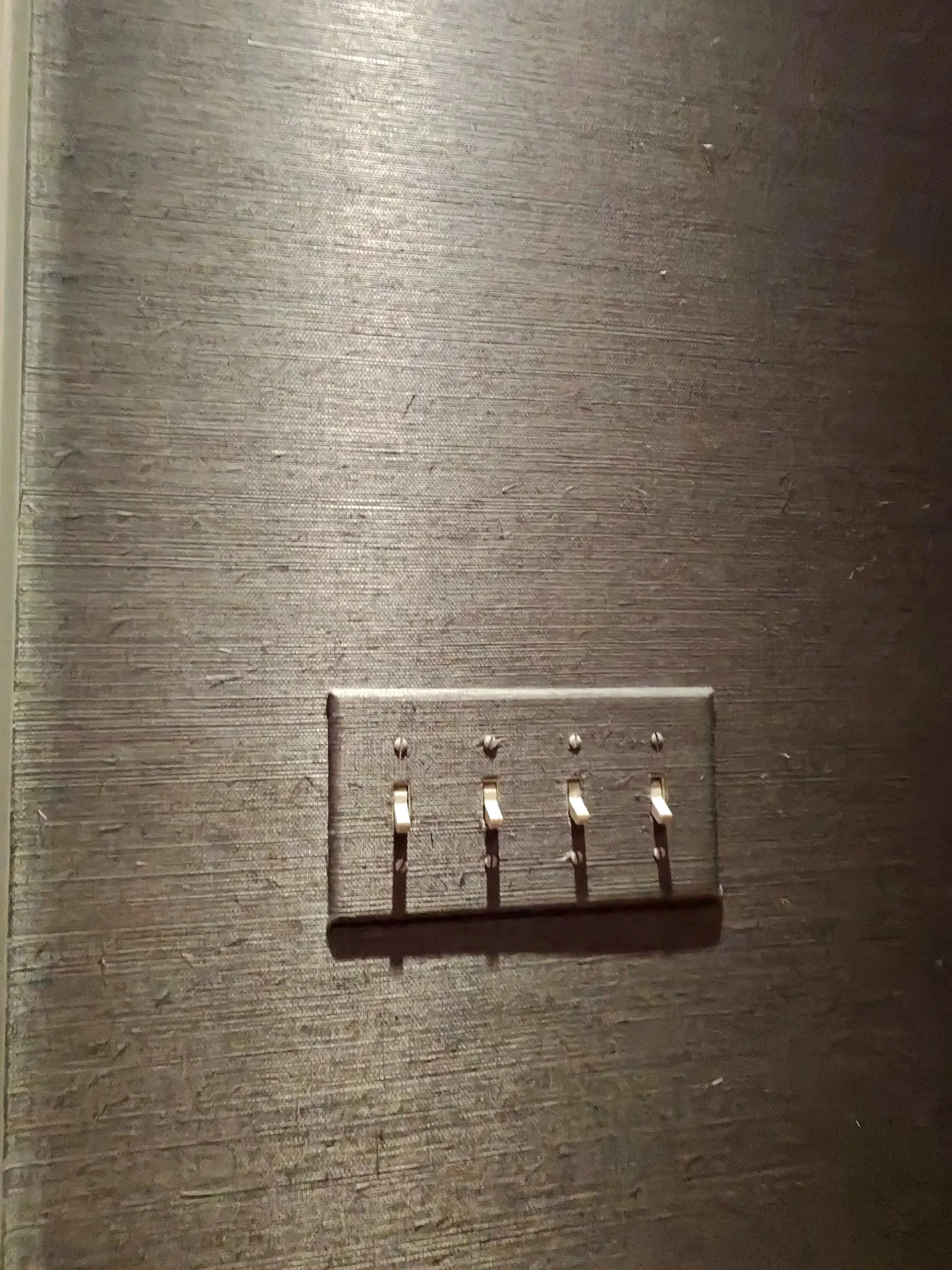A close-up of a dark brown wooden wall with a four-gang metal light switch plate.