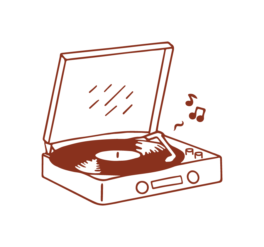 Line drawing of a vintage turntable playing music, with musical notes floating nearby.