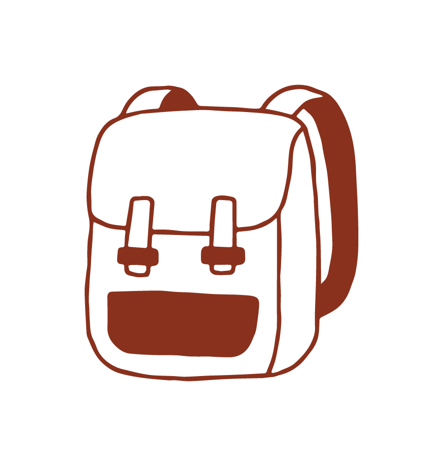 Line drawing of a brown backpack with a front pocket and two straps on top.