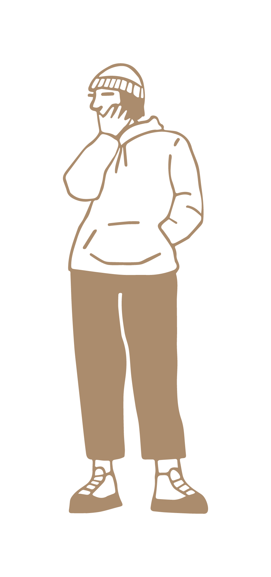 Drawing of a person in a hoodie, pants, and sneakers, standing with one hand on their face and the other behind their back, against a black background.