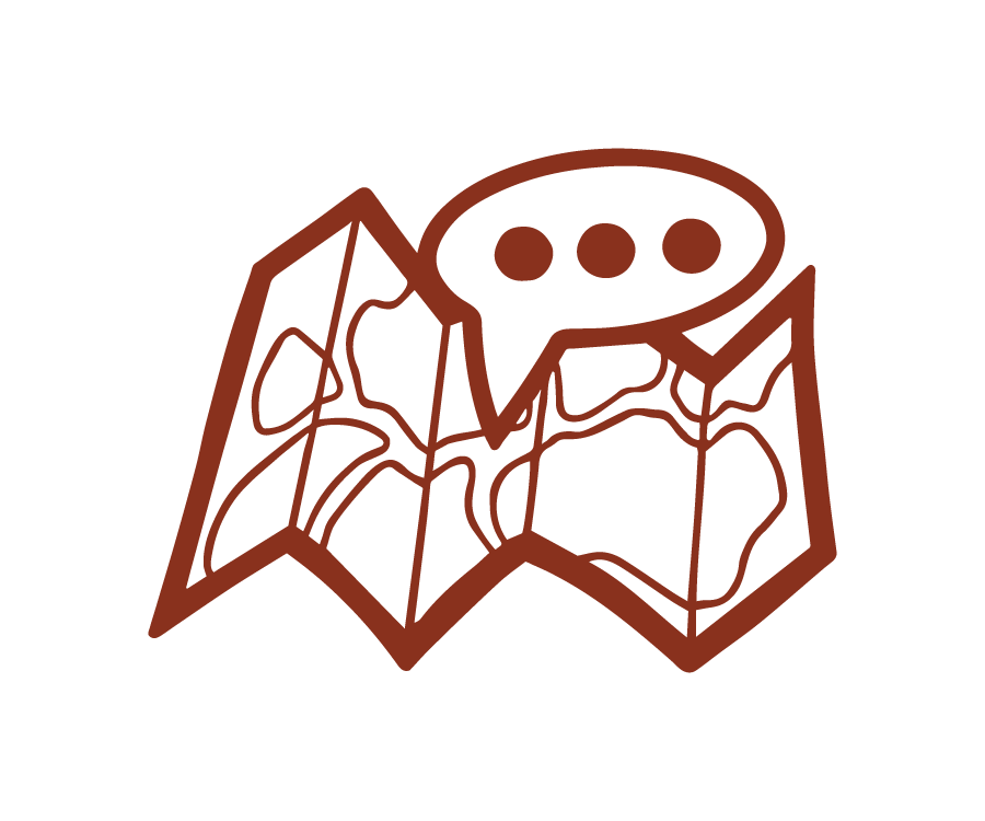 A stylized illustration of a folded map with a speech bubble containing three dots above it.