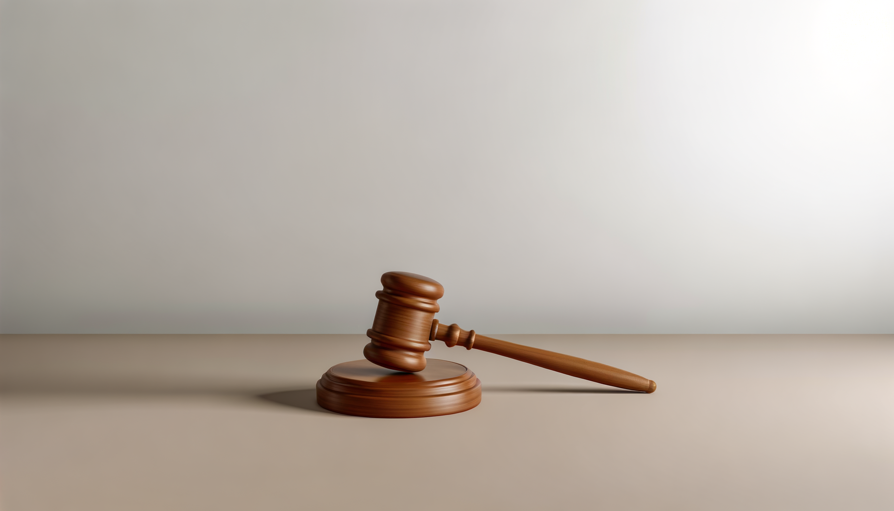 A wooden judge's gavel resting on a sound block on a plain surface with a light gray background.