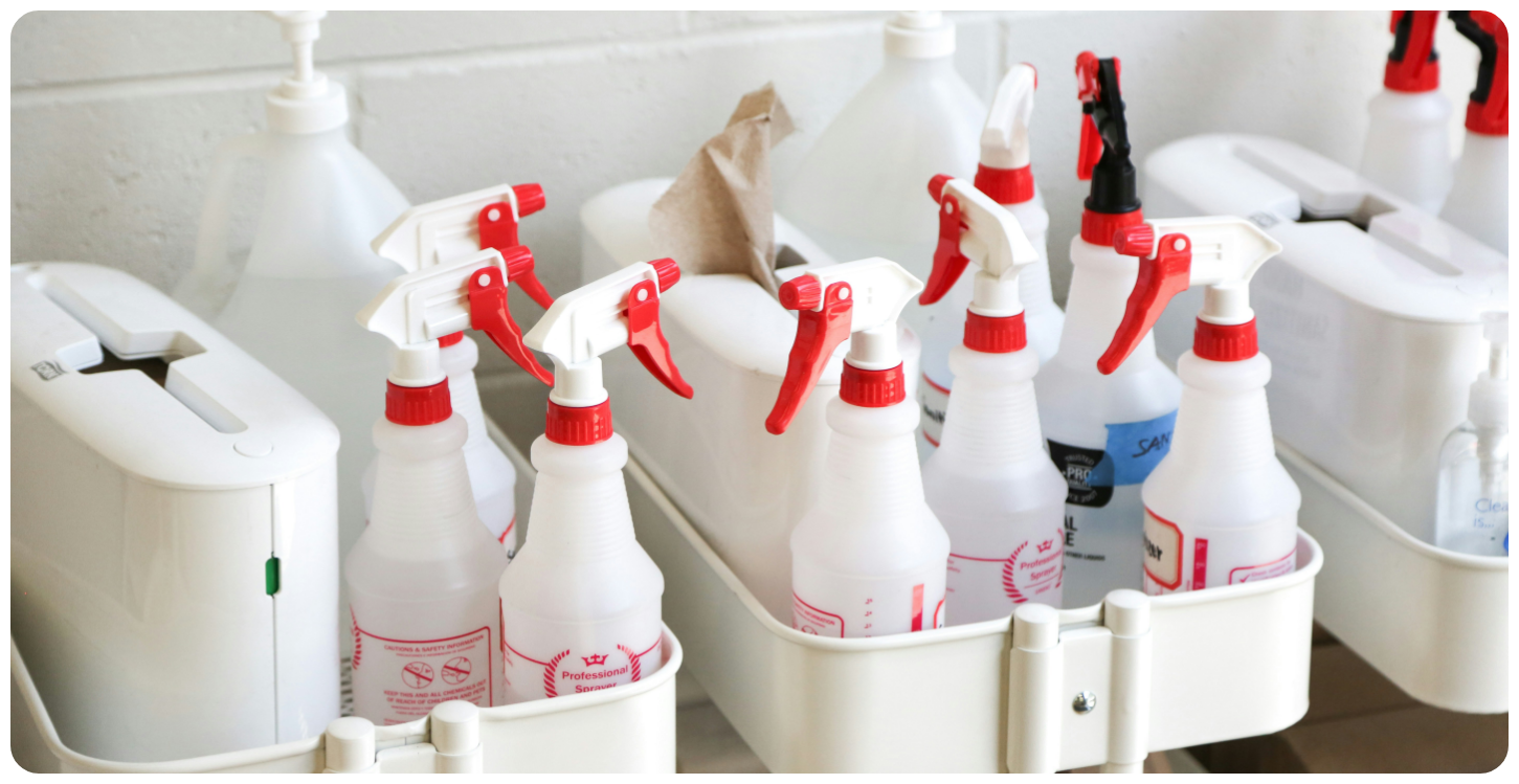 Commercial cleaning supplies used for janitorial and facility cleaning services.