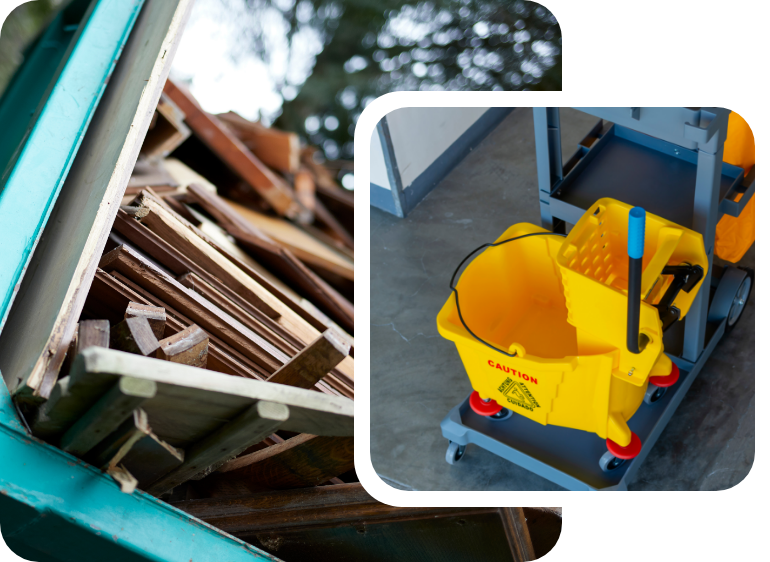 Roll-off bin filled with construction debris for commercial and residential cleanup projects.