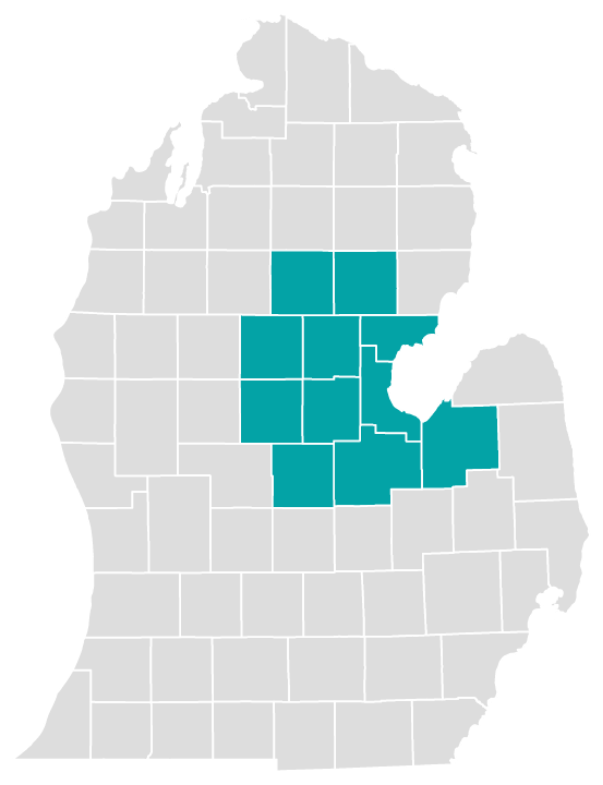 DCLP Solutions service area map across Mid-Michigan.