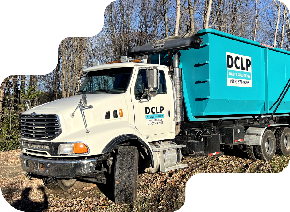 DCLP Solutions roll-off waste collection truck providing local bin rental services.