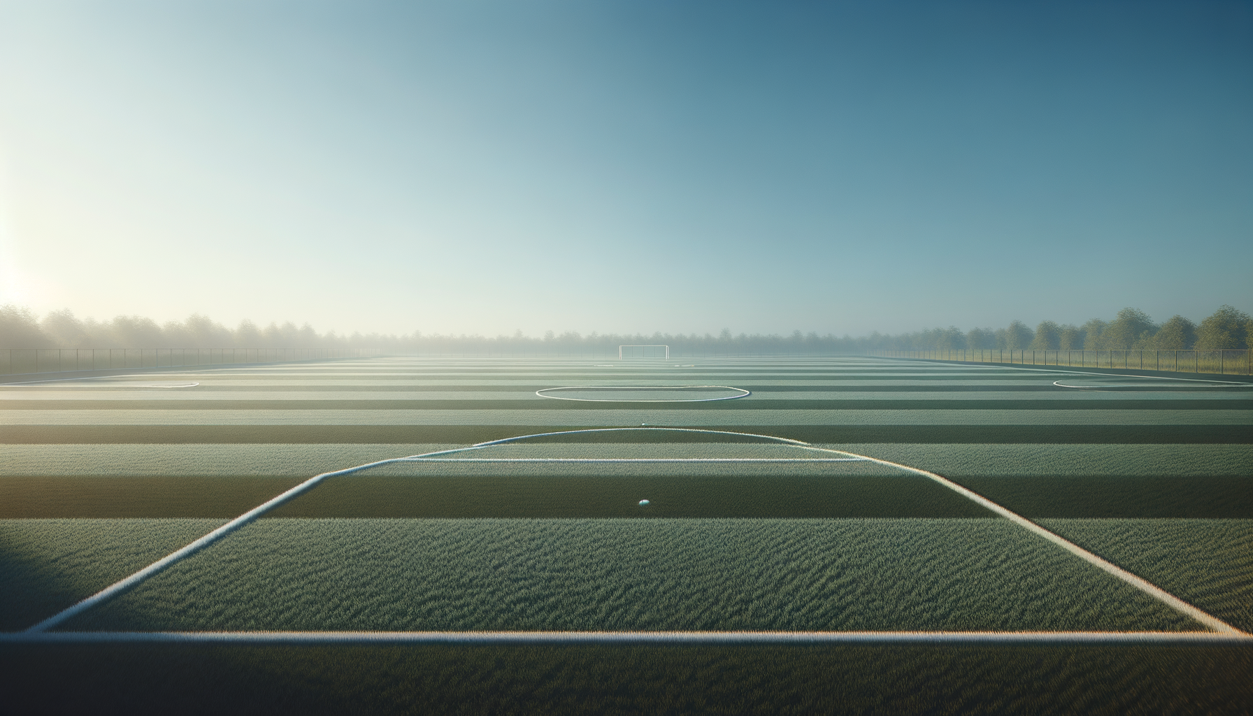 An empty sports field with marked circles and penalty areas, under a clear blue sky with sunlight and trees along the horizon.