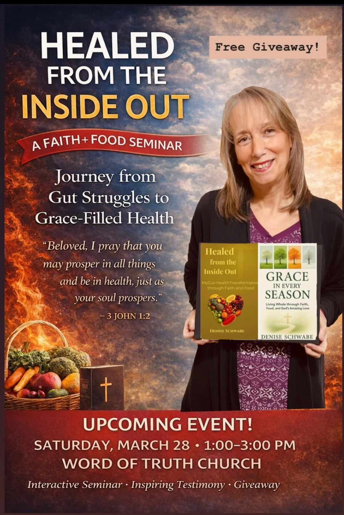 Flyer for a Christian event in Medford, NY focused on health, nutrition, faith, and overall health and wellness. Don't miss this free Long Island event!