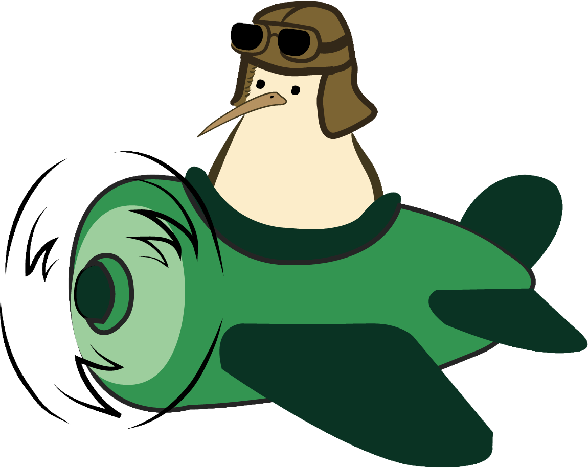 A cartoon penguin wearing goggles and a brown pilot's hat, riding on a green fish.