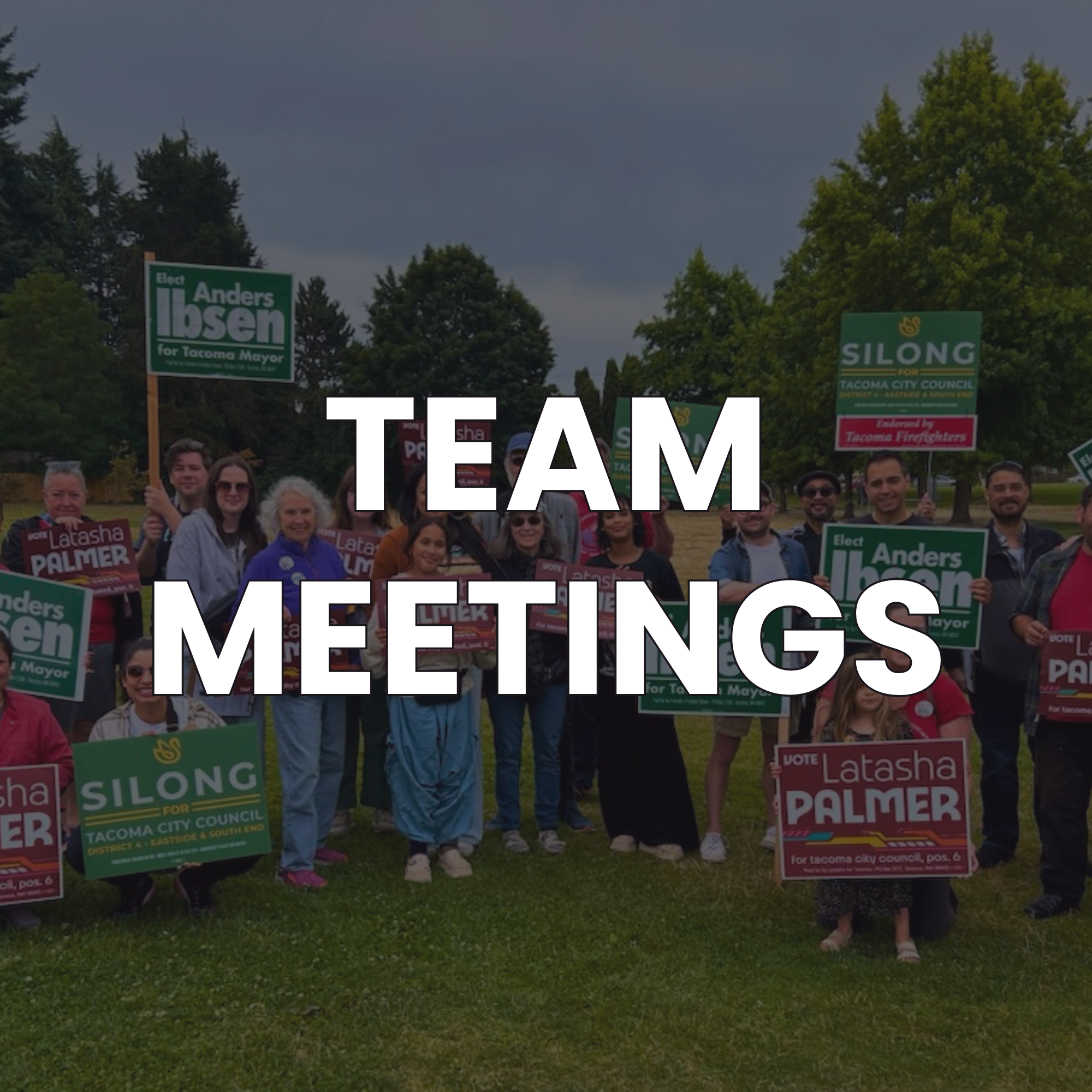 Group of people holding political campaign signs at an outdoor event, with a large white overlay text reading 'TEAM MEETINGS'.