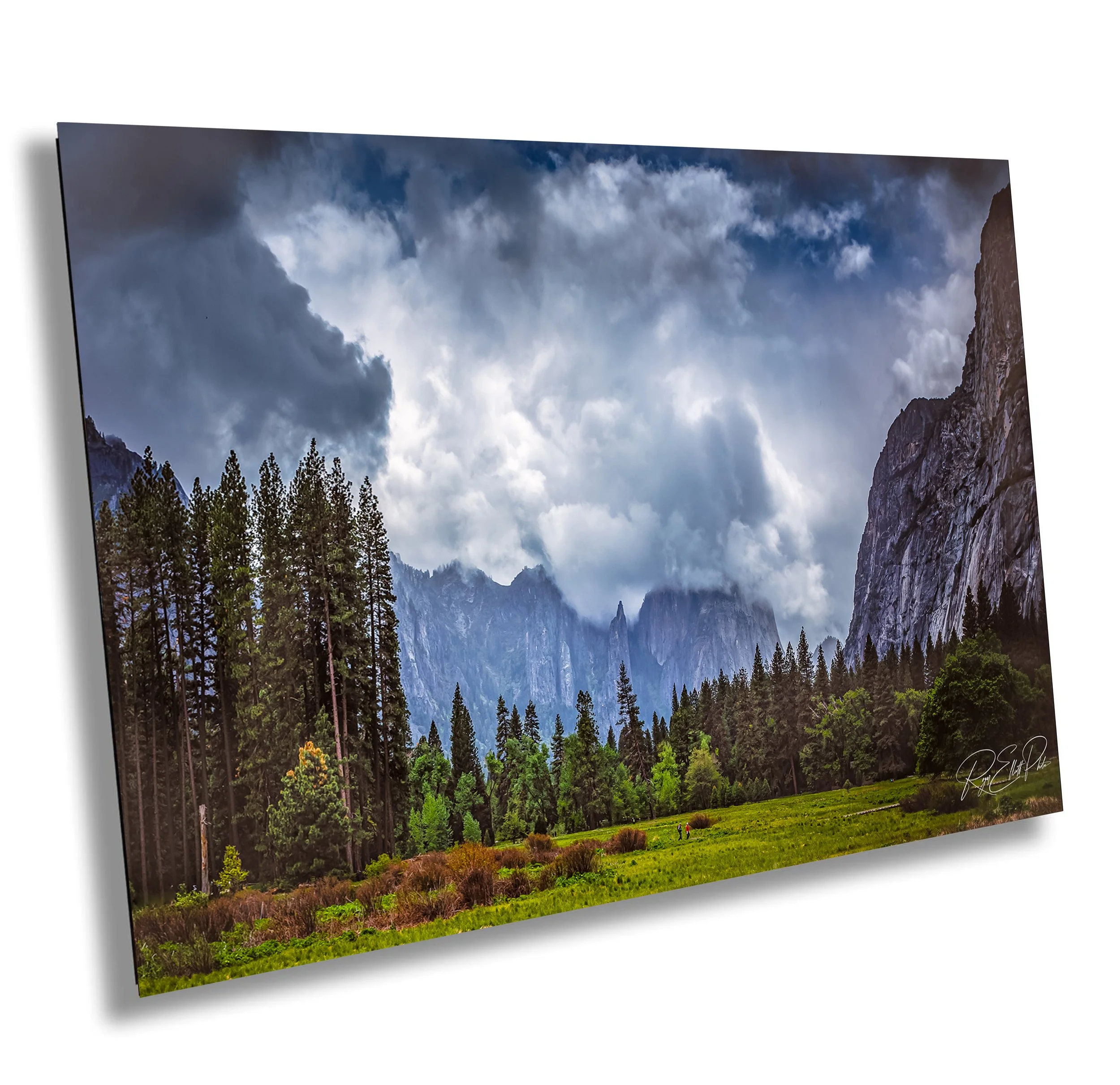 Scenic view of a forested valley with tall pine trees, rugged mountains in the background, and a cloudy sky overhead.