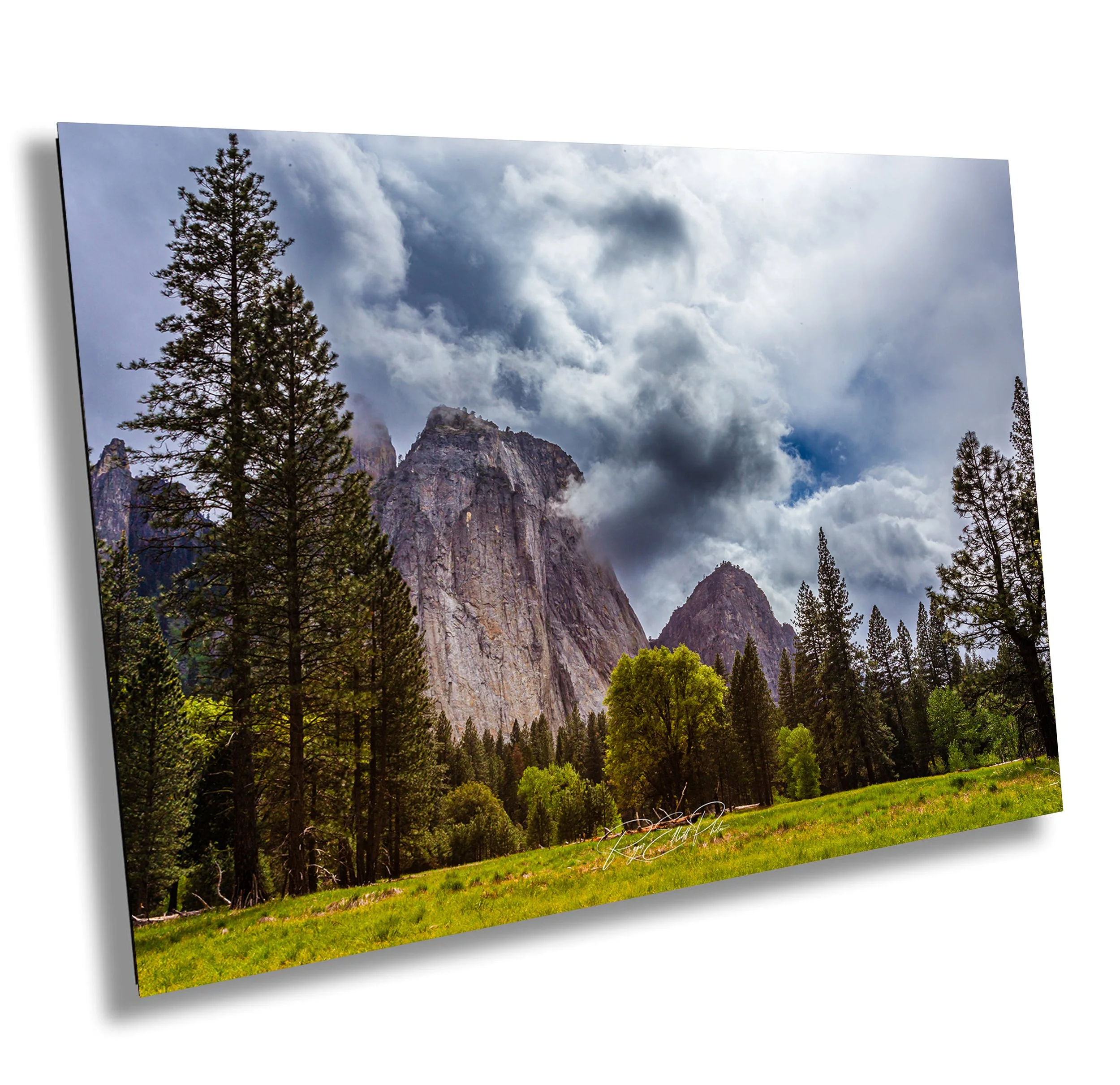 Landscape of mountains with cloudy sky, tall trees, and a grassy foreground.