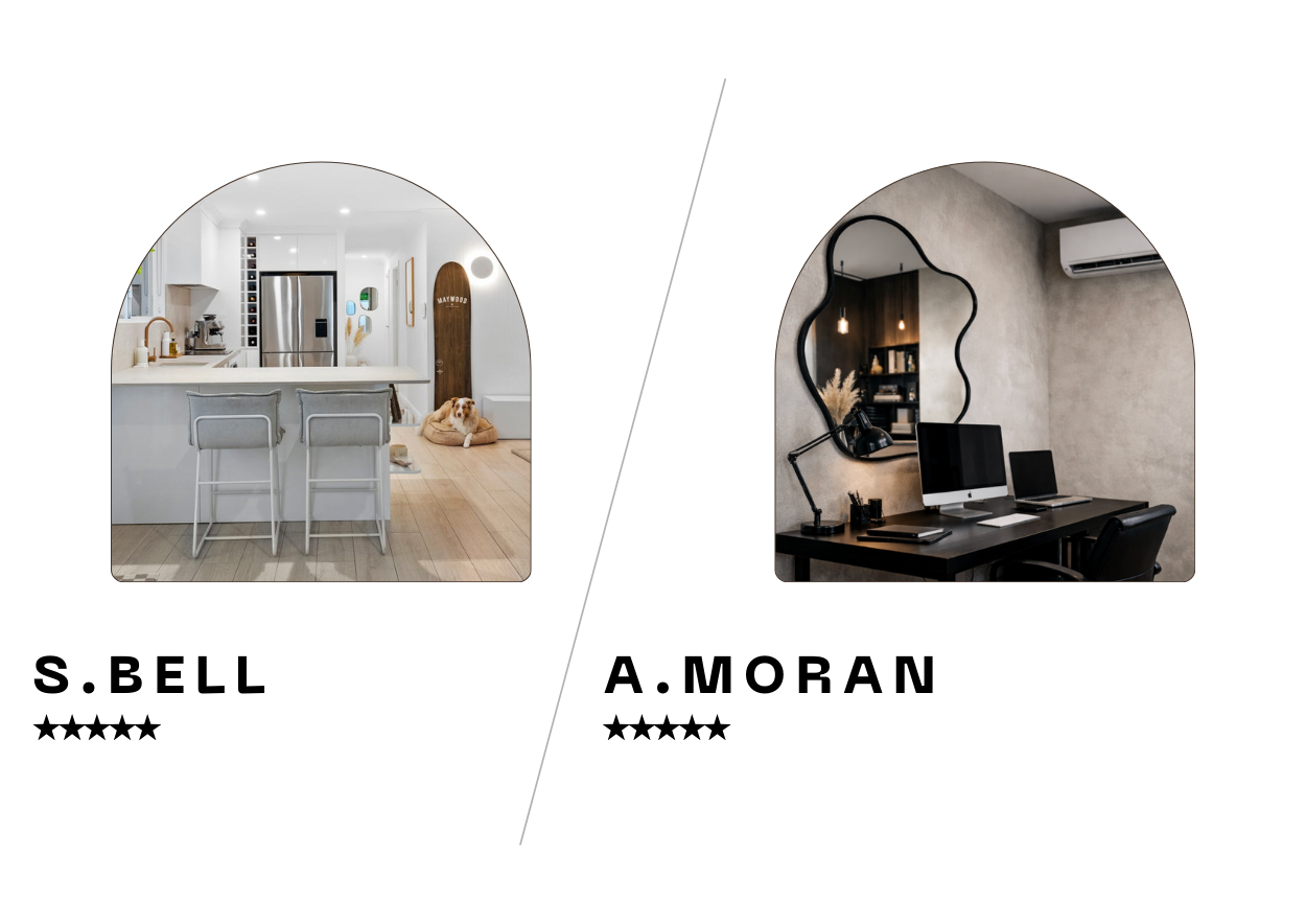 Left: modern kitchen with white island, barstools, and dog on floor; Right: home office with desk, computer, and decorative wall elements