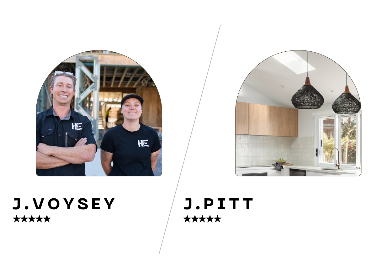 Two construction workers and modern kitchen with white cabinets, wood accents, and black pendant lights
