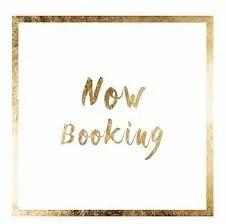 White background with gold border and gold text that reads 'Now Booking'