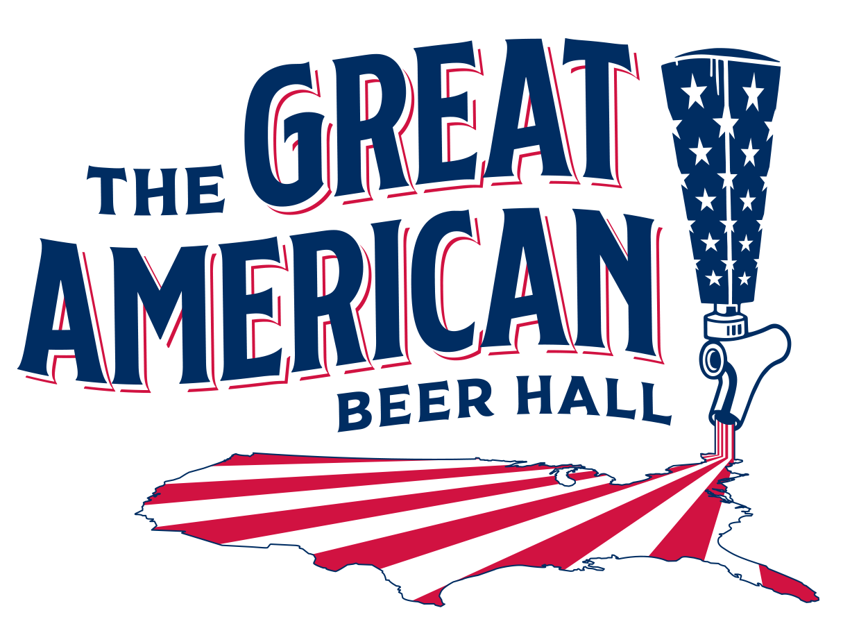 Logo for the Great American Beer Hall featuring a stylized map of the United States with red and white stripes, with a beer tap pouring beer over the map. The text reads 'The Great American Beer Hall' in bold, patriotic colors.