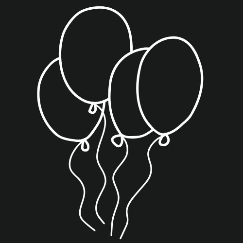 Line art illustration of three balloons tied together against a black background.