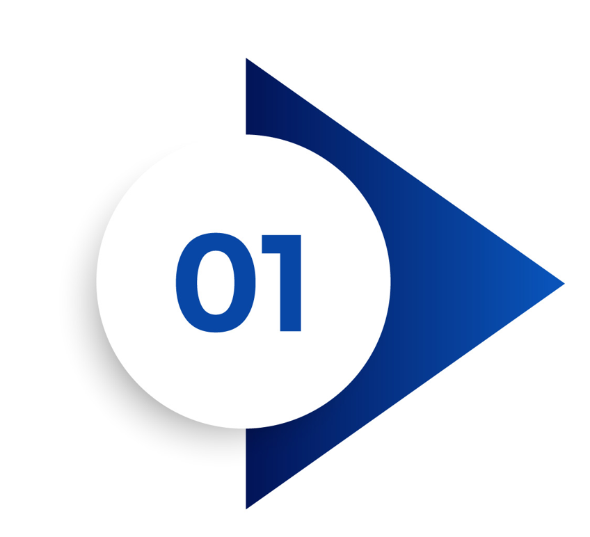 Graphic with a white circle containing the number 01 inside, overlapping a large dark blue right-pointing arrow.