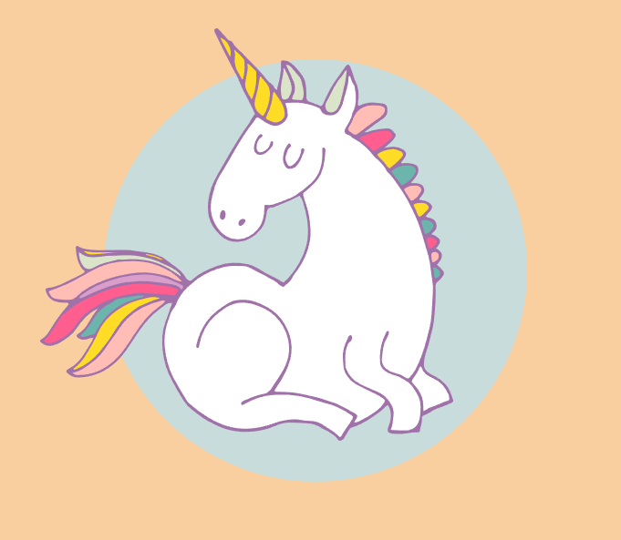 Cute cartoon unicorn with a rainbow-colored mane and tail, sitting with eyes closed on a circular background.