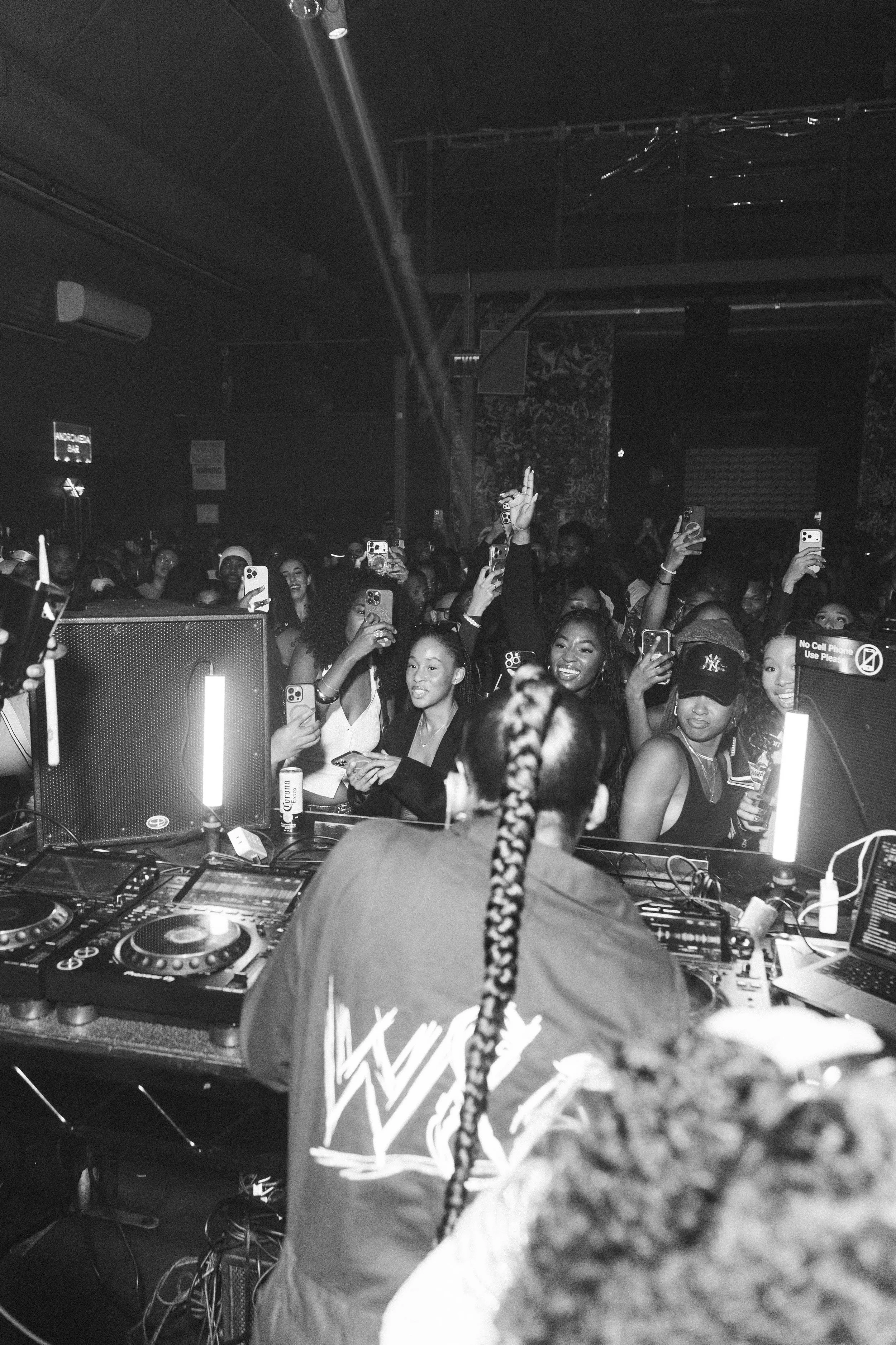 Sounds Of Reality Crowd of people at a concert or nightclub taking photos and videos of a DJ performing in front of them.