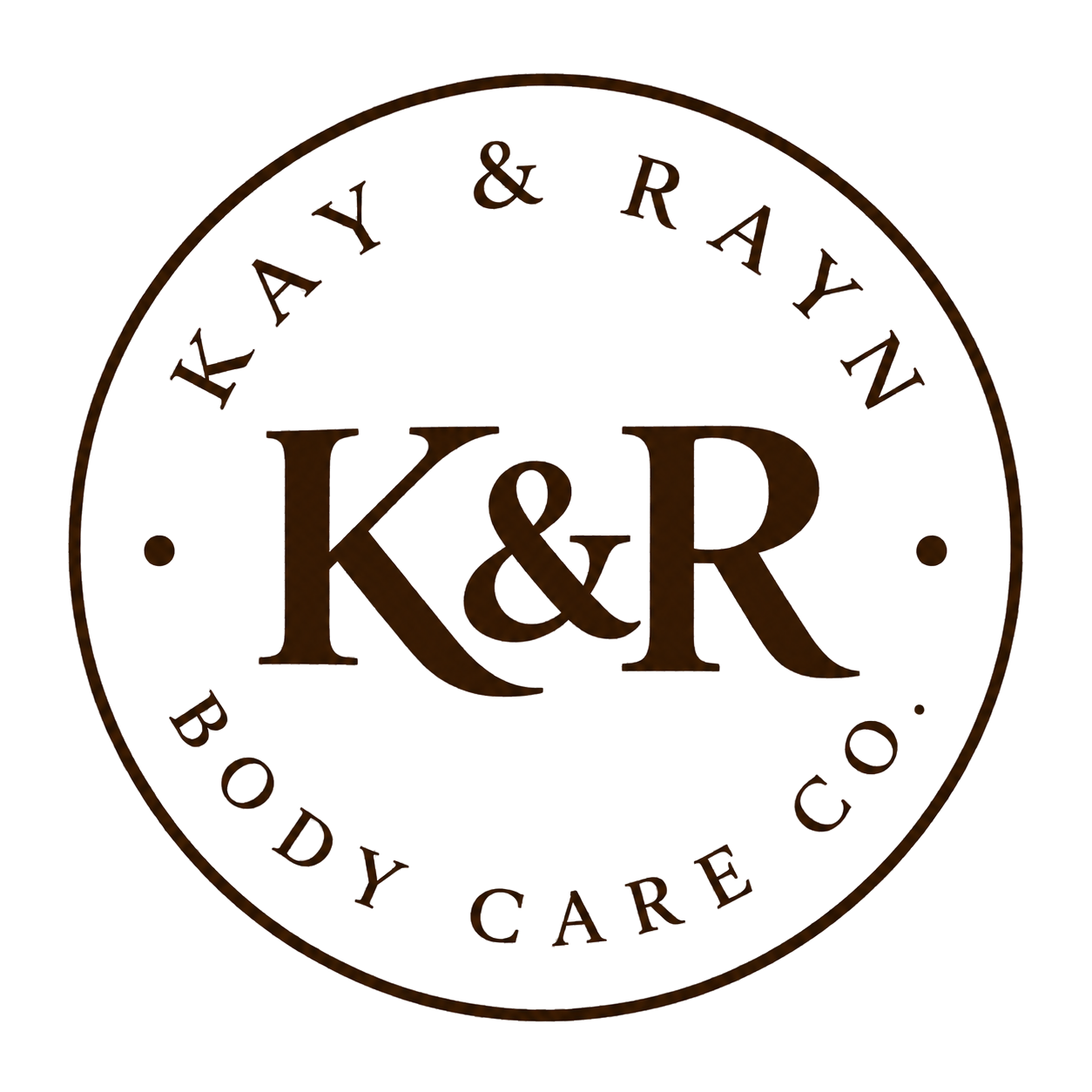 K and R premium body care logo engraved on a dark surface with a blue background.