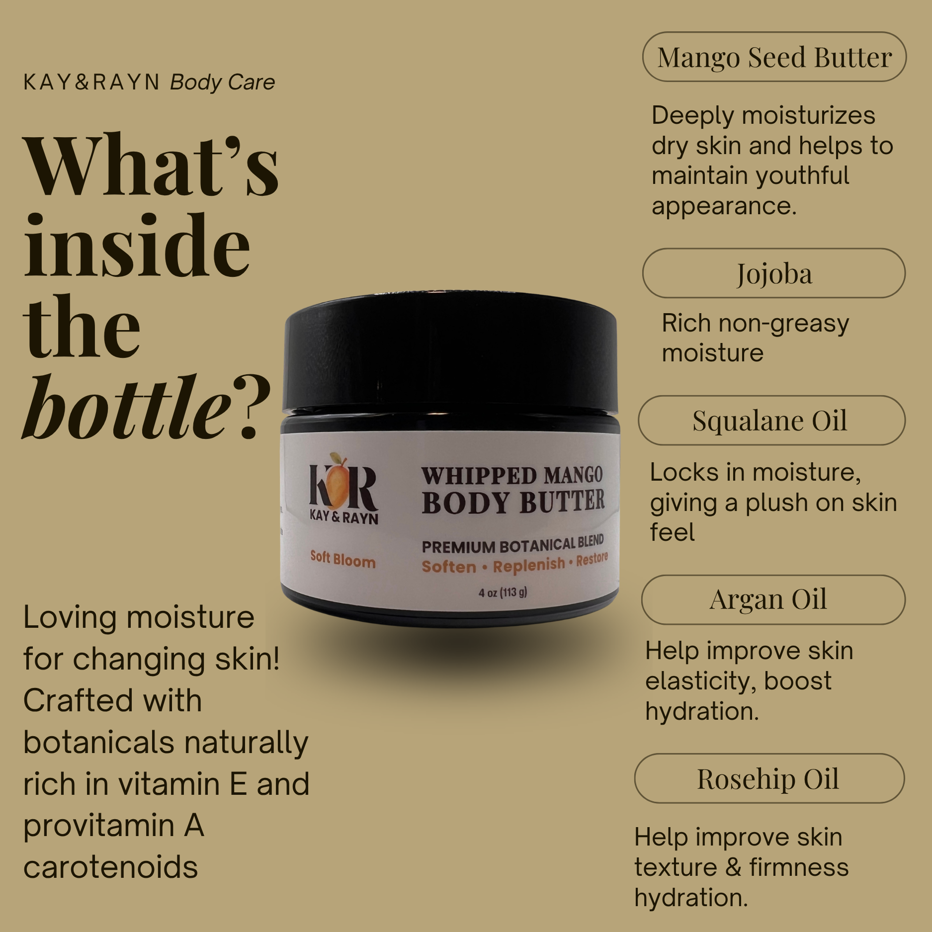 Close-up of a container labeled 'Whipped Mango Body Butter' by Kay & Rayn with surrounding text about skincare ingredients and benefits, on a beige background.