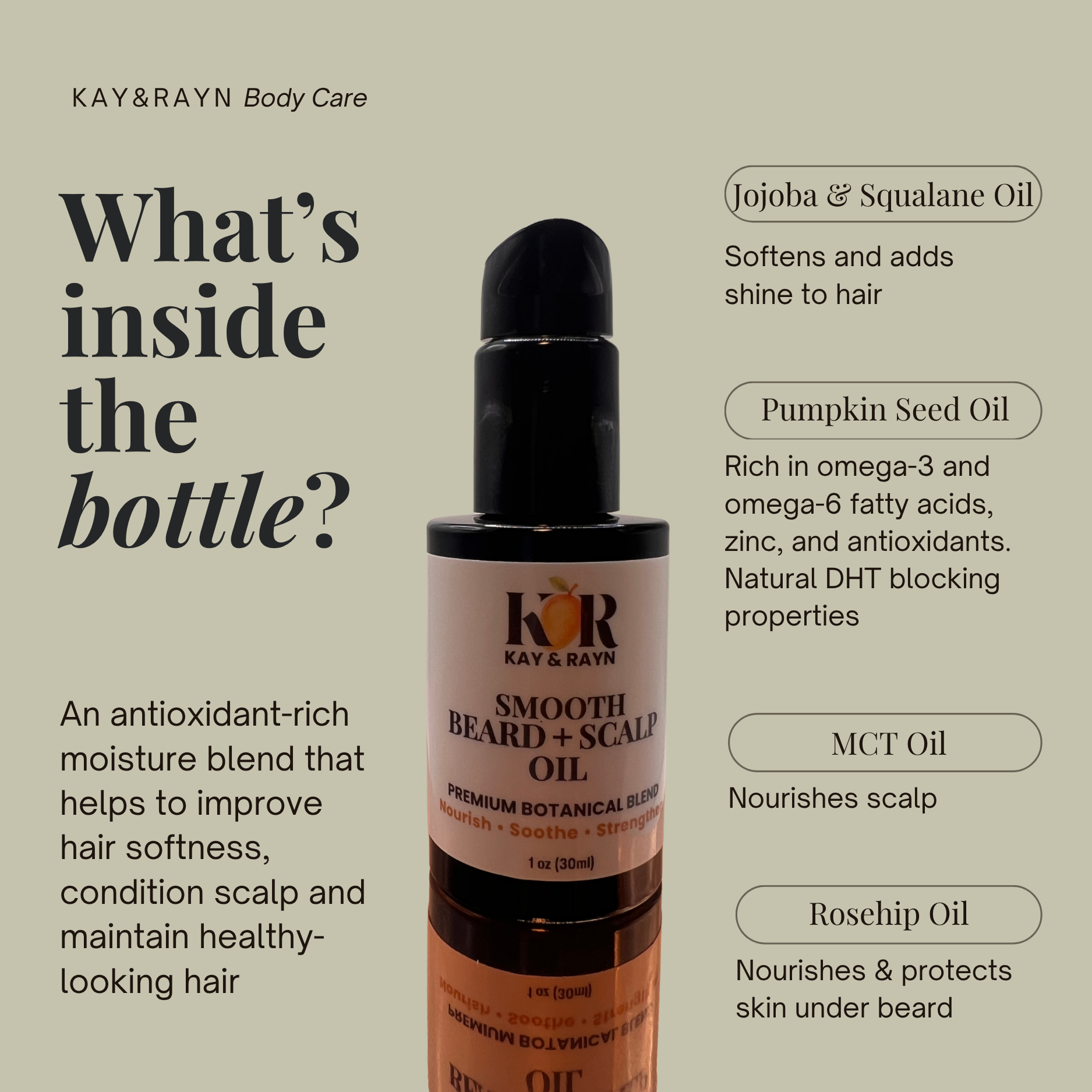 A skincare product in a bottle labeled "KAY & RAYN SMOOTH BEARD & SCALP OIL" with a black cap, set against a background with marketing text about natural oils and their benefits for hair and scalp health.