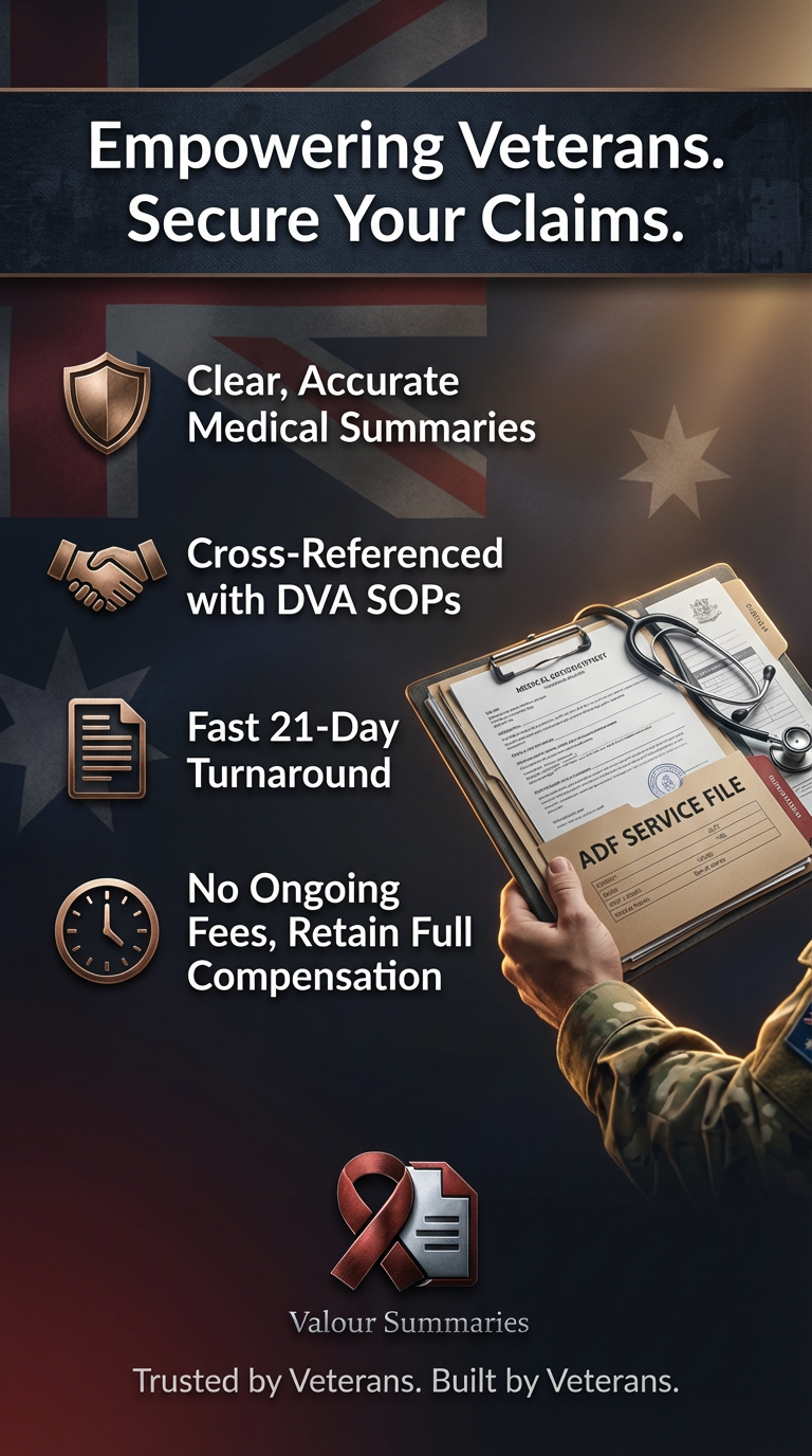 Poster promoting veteran health claims services with icons and images, highlighting clear summaries, cross-referenced standards, quick turnaround, and no ongoing fees, including a military-style folder and stethoscope.