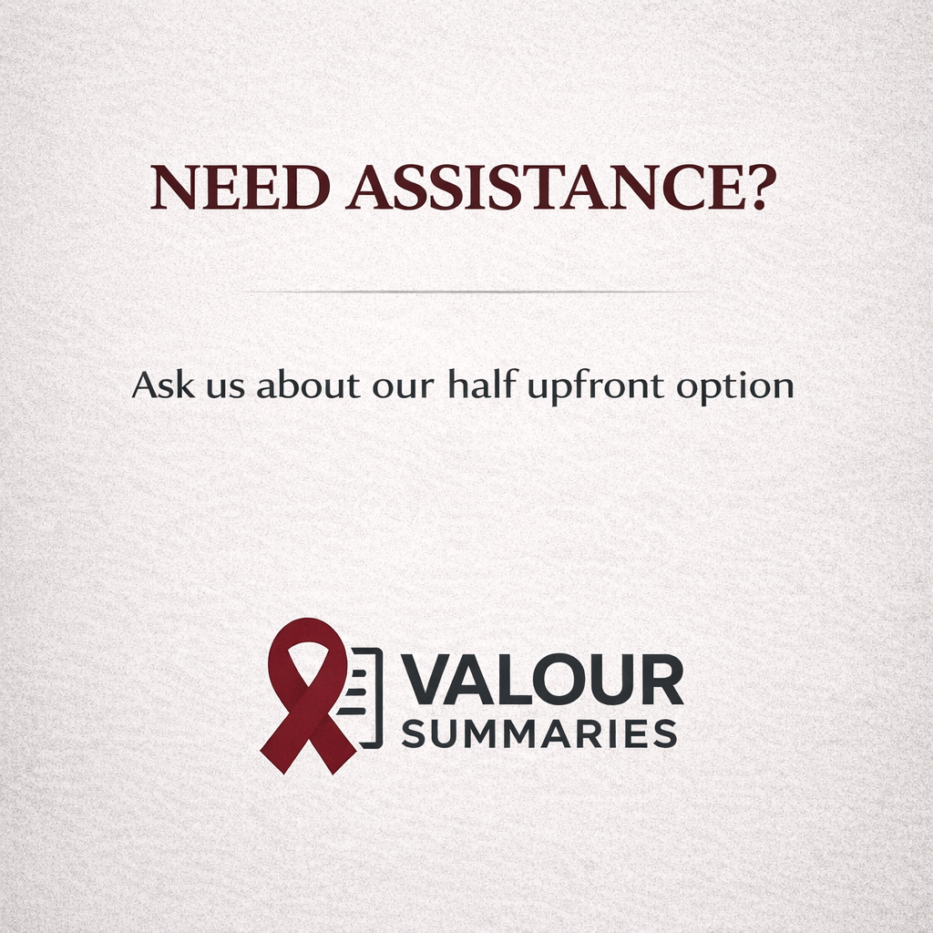 A promotional graphic with the text "Need Assistance? Ask us about our half upfront option" and a logo for Valour Summaries featuring a maroon ribbon and a stylized list icon.