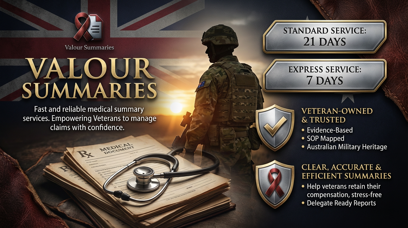 A promotional image for Valour Summaries features a soldier in camouflage uniform holding a rifle, standing against a sunset sky with the Union Jack flag in the background. The image includes medical documents and a stethoscope on a table, and text highlighting fast and reliable medical summary services for veterans with key features and service times.