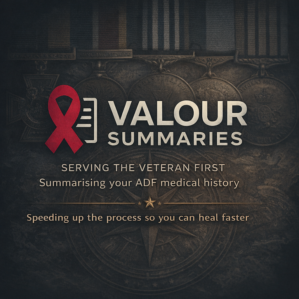 Poster titled 'Valour Summaries' featuring a red ribbon icon, with text about serving veterans first by summarizing their medical history to help them heal faster, with a background of medals.