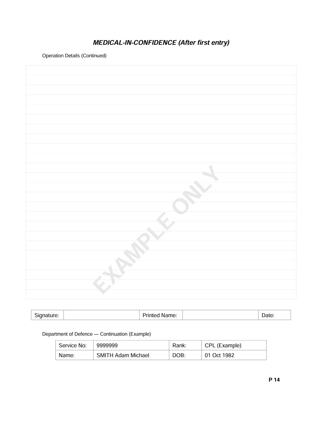 Blank medical form titled 'MEDICAL-IN-CONFIDENCE' with sections for operation details and officer information, including a department of defense example at the bottom with service number, name, rank, date of birth, and signature fields.