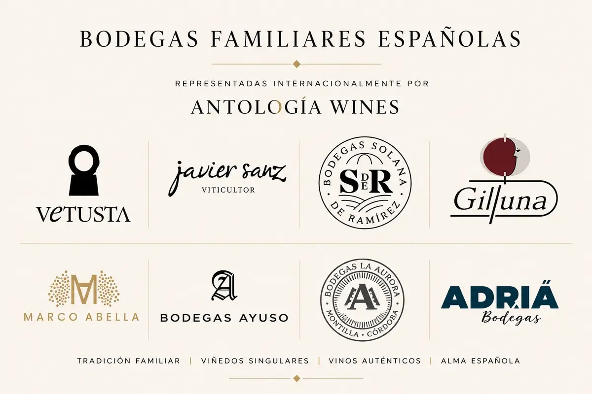 Logo y nombres de varias bodegas españolas y sus representantes internacionales en una presentación de vino.