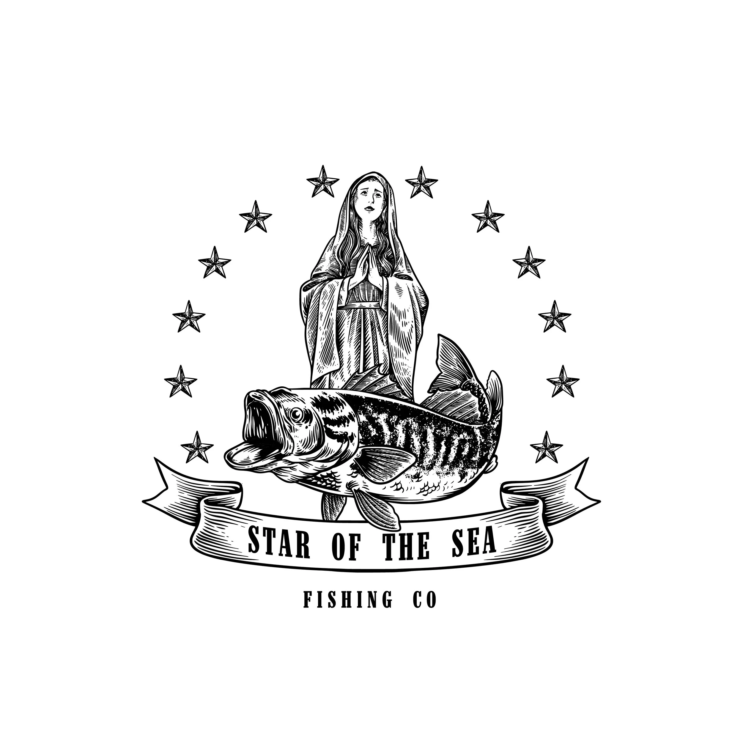 A logo featuring Our Lady Star of the Sea, a large fish, and stars surrounded by a ribbon banner with the text 'Star of the Sea Fishing Co.' in black and white.