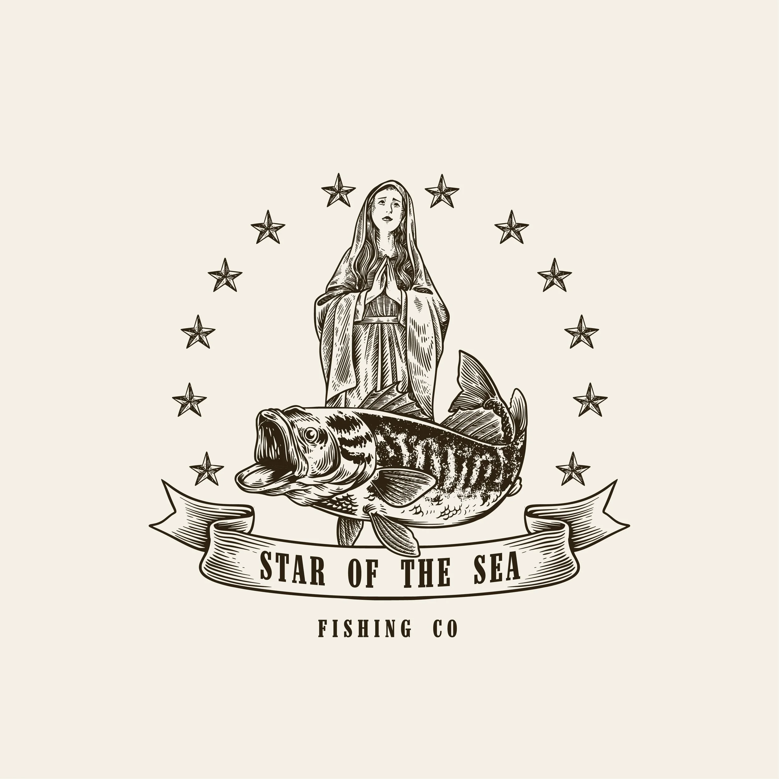 A vintage-style logo featuring a praying woman, a large fish, stars, and a banner with the text 'Star of the Sea Fishing Co' on a light background.