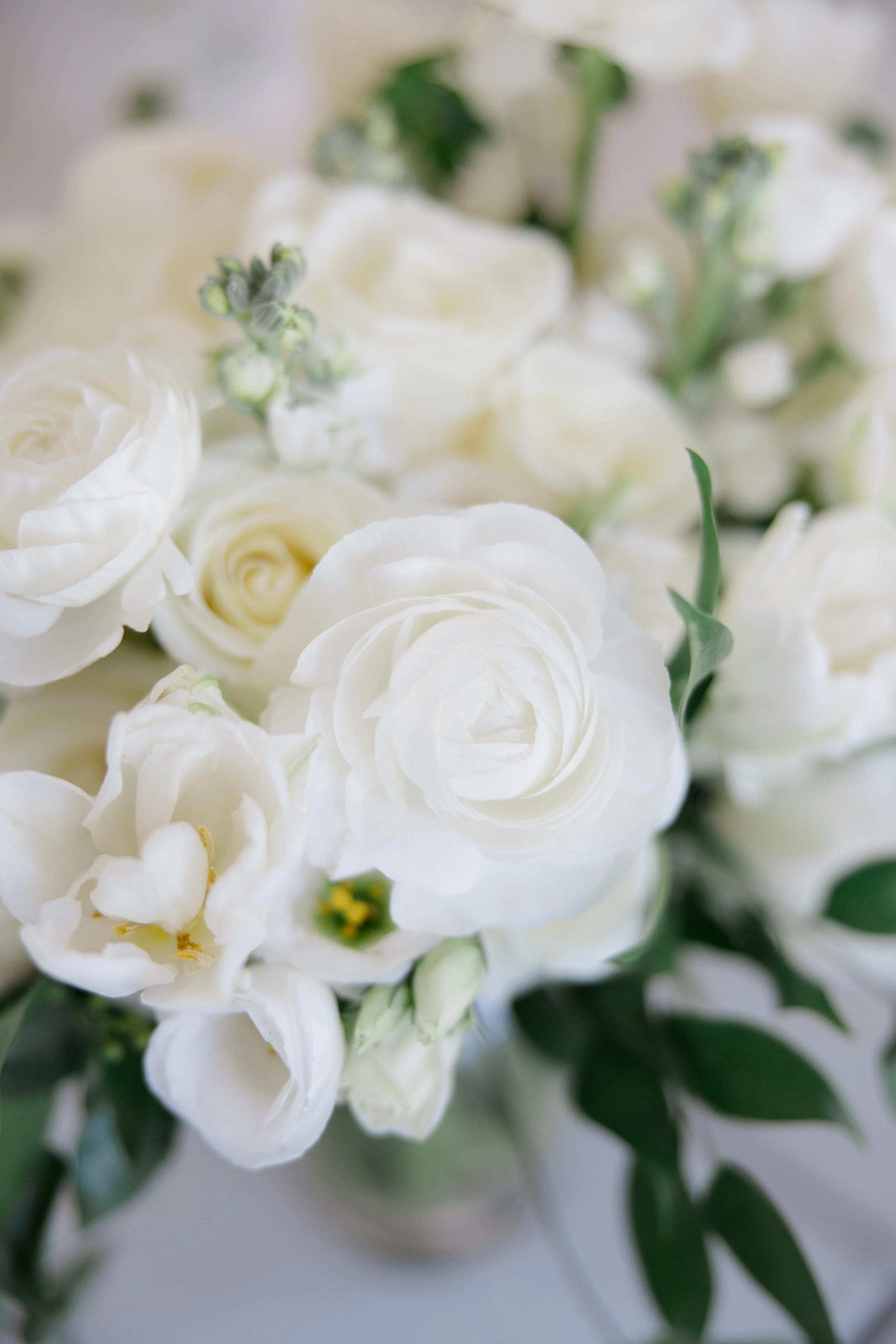 Close-up of a bouquet of white roses, lisianthus, and green leaves.