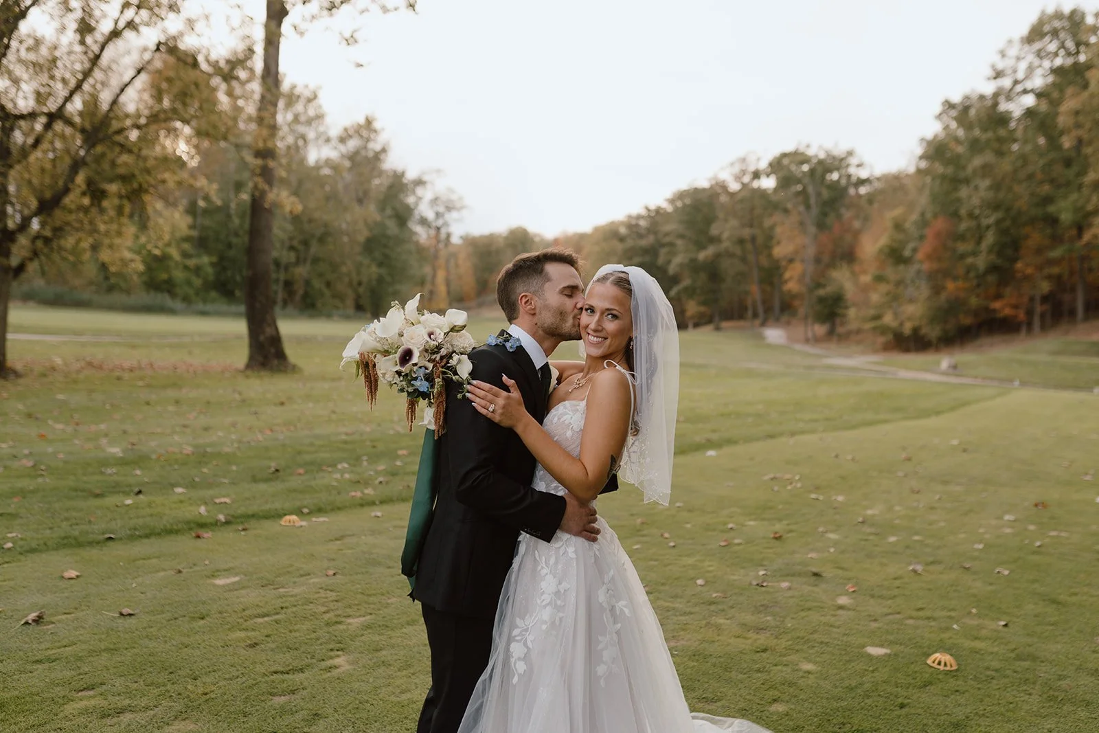 Bride and groom at fall Ohio wedding