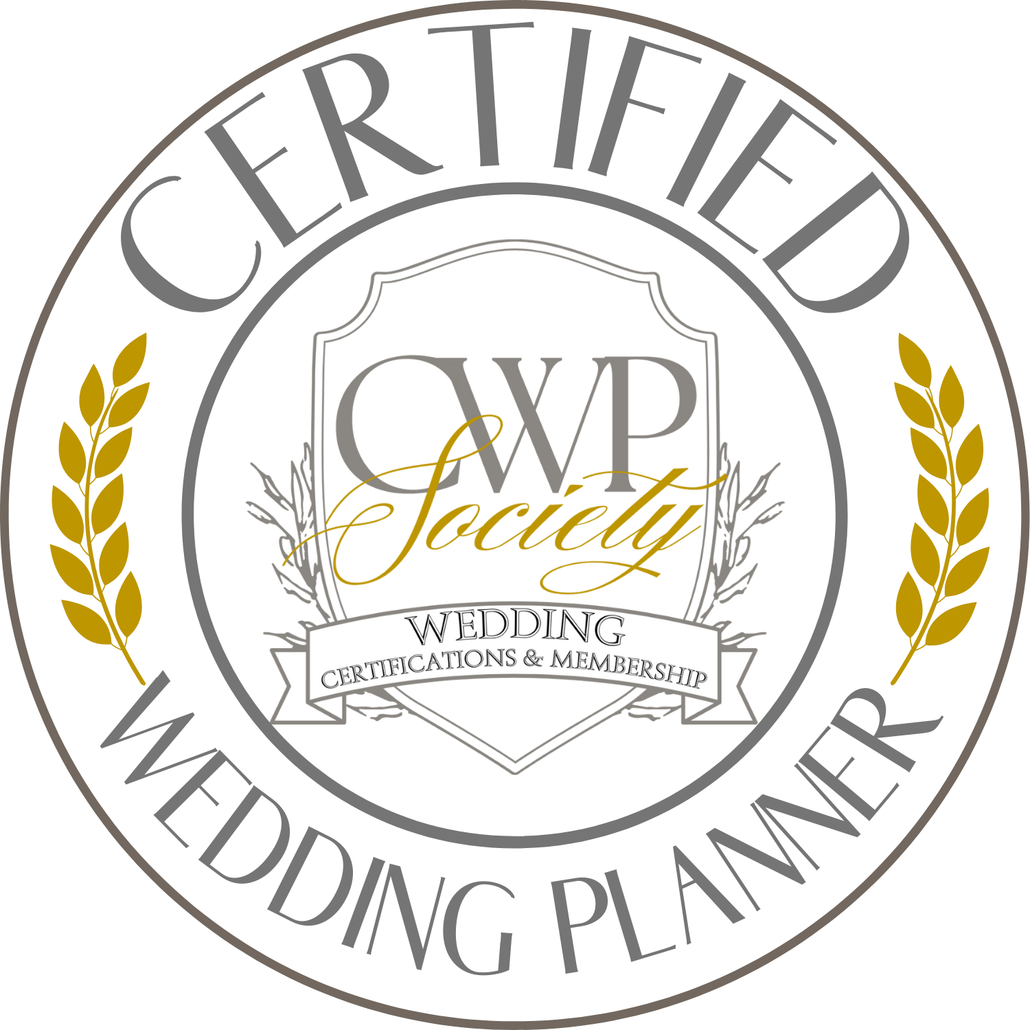 A circular emblem with a white and gold design that reads 'Certified Wedding Planning'. The center features 'GWP Society' with decorative elements and a banner that says 'Wedding Certifications & Membership', surrounded by golden laurel branches.